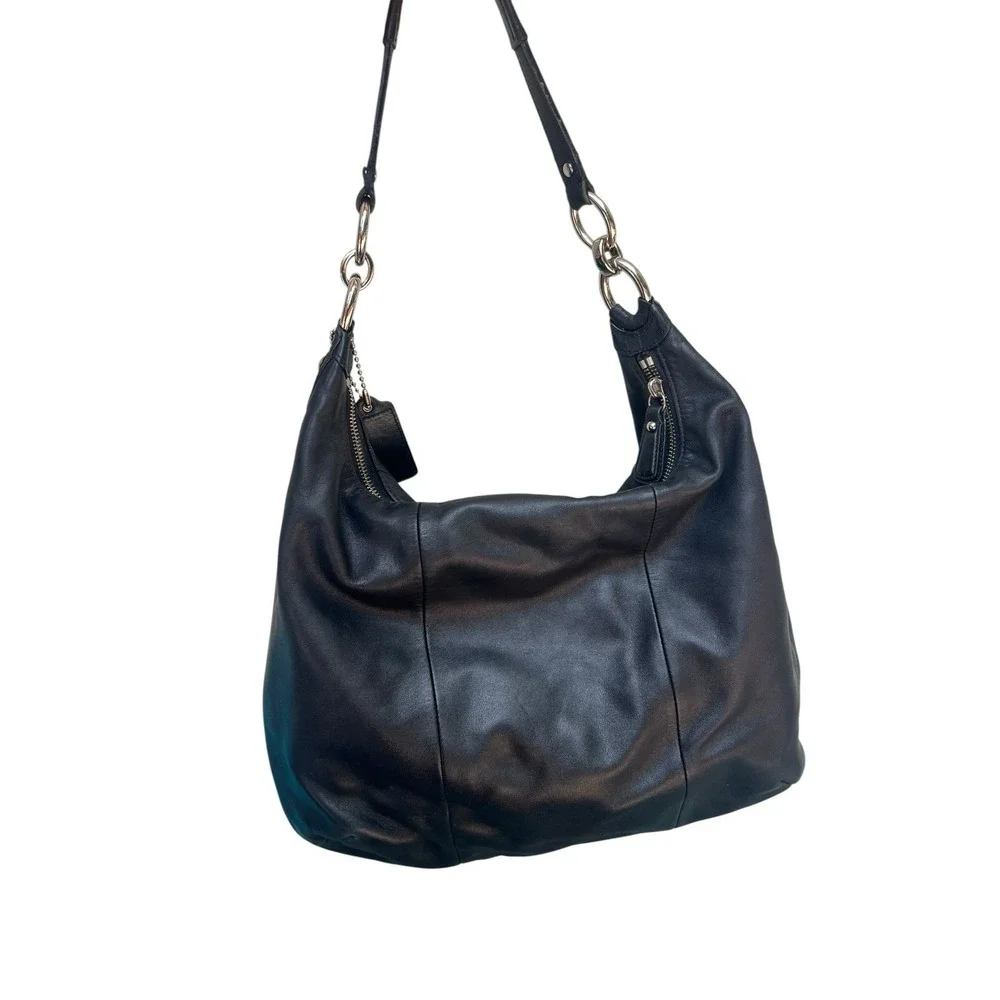 Coach F22309 Kristin Black Leather Pink Satin Liner Hobo Shoulder Bag Flip Lock